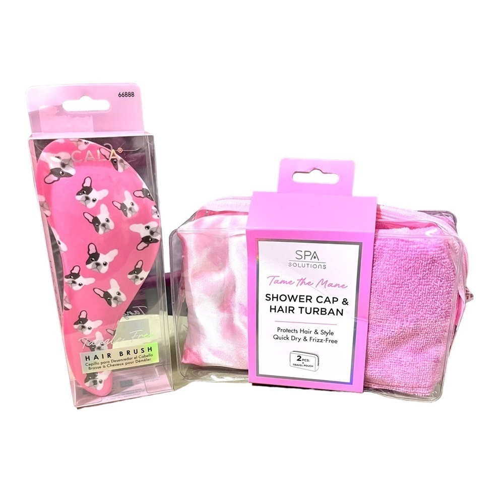 Hair Care Bundle: Cala Tangle Free Hairbrush & Spa Solutions Shower Cap & Turban